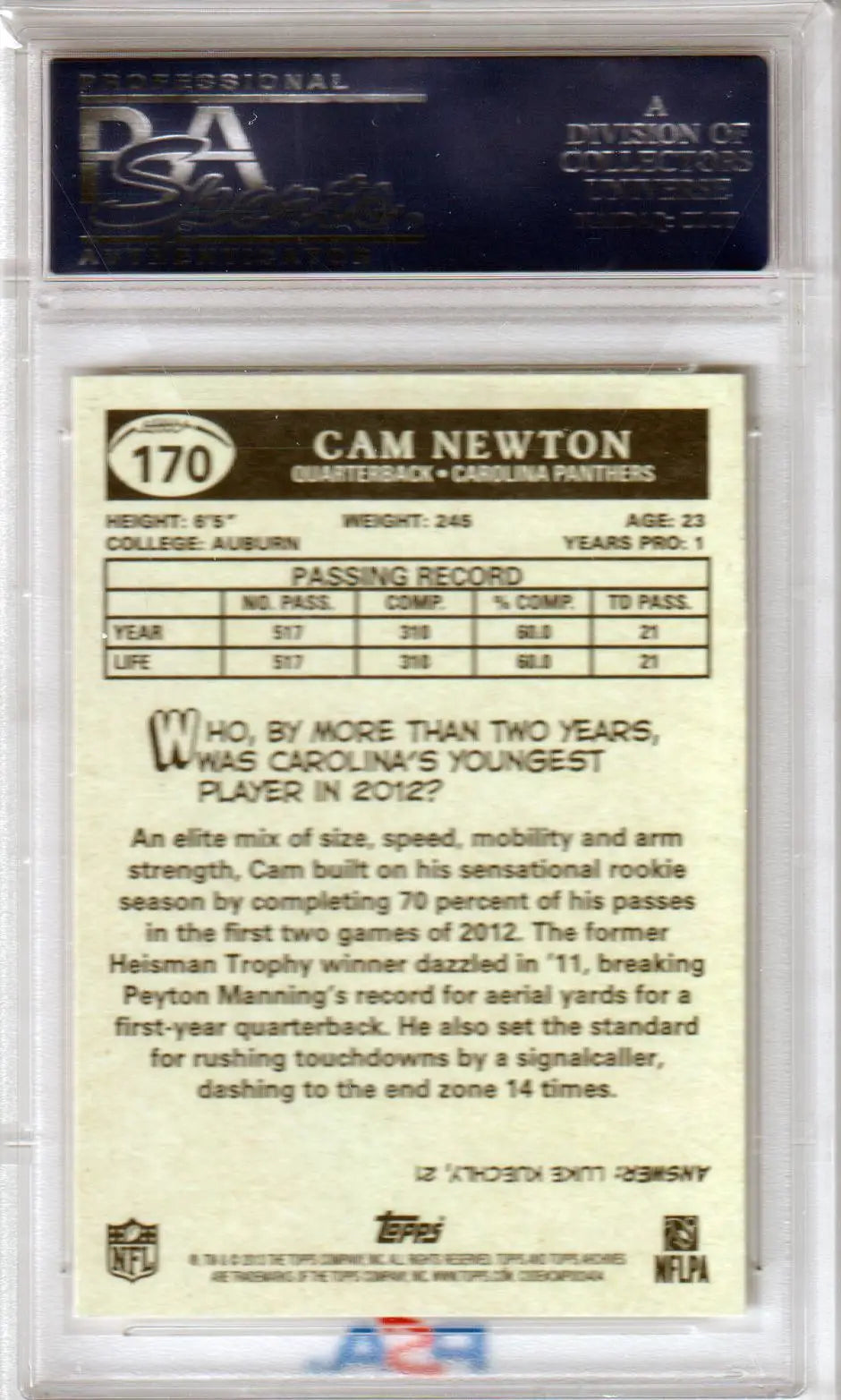 Back of CAM NEWTON 2013 Topps Archives #170 PSA 10 GEM MINT showing player stats and info