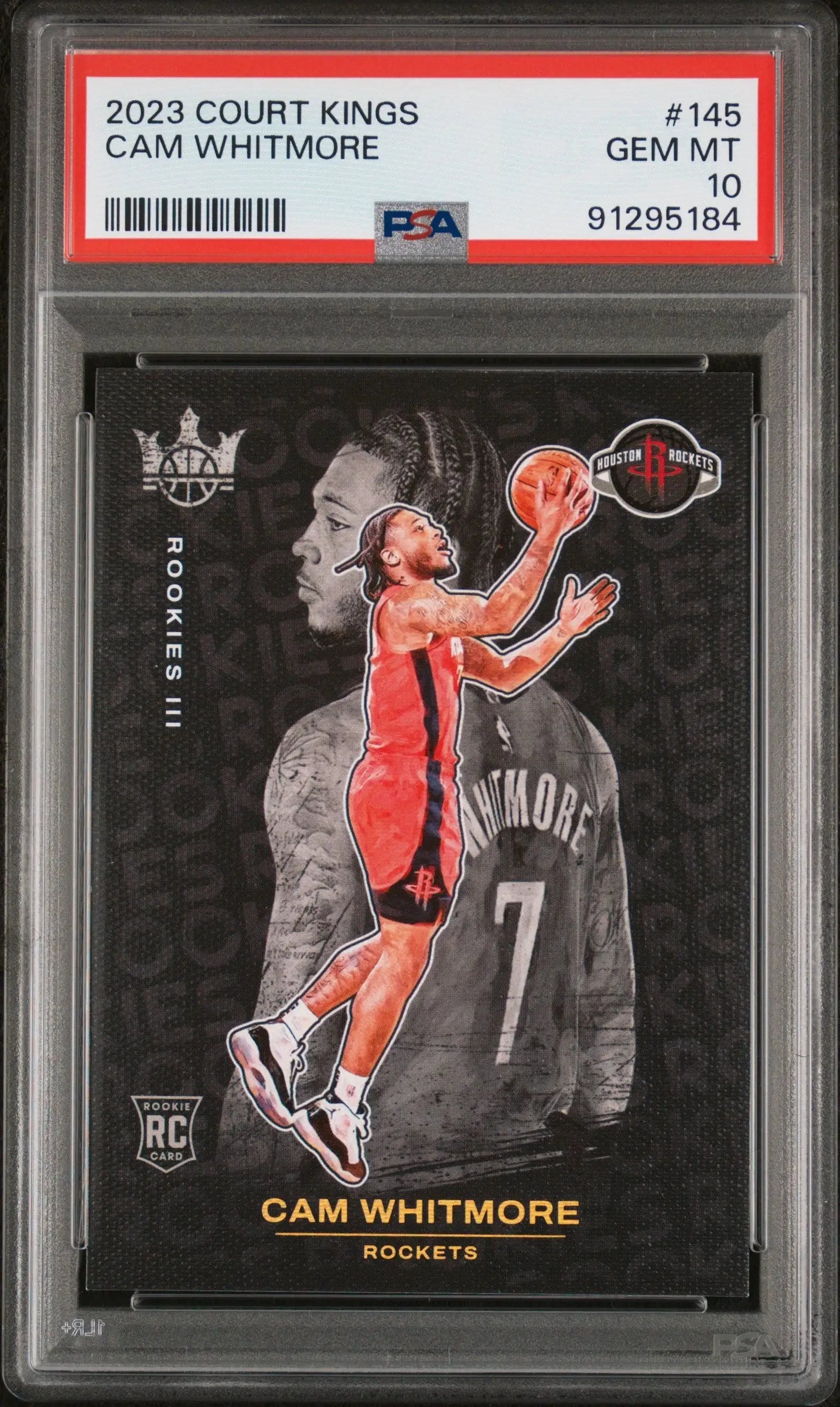 PSA 10 Cam Whitmore 2023 Panini Court Kings card of Houston Rockets player shooting