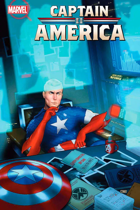 Stylized illustration of Captain America in blue and red costume for trading cards