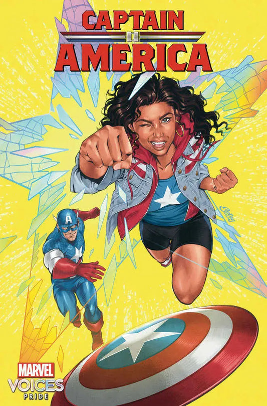 Comic book cover of Captain America #10 with dynamic superhero scene and logo for trading cards