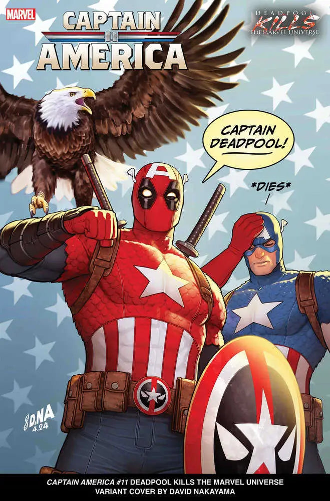 Comic book cover of Deadpool in Captain America costume with eagle for trading cards