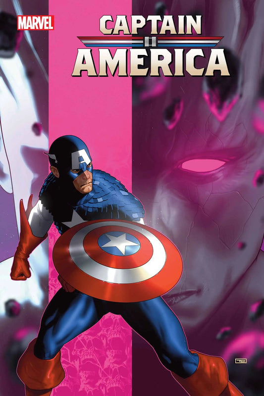 Superhero in blue costume with red, white, and blue shield from Captain America trading cards