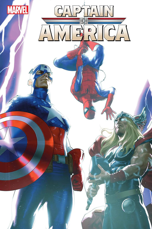 Comic book cover of Captain America, Spider-Man, and Hulk in action for trading cards