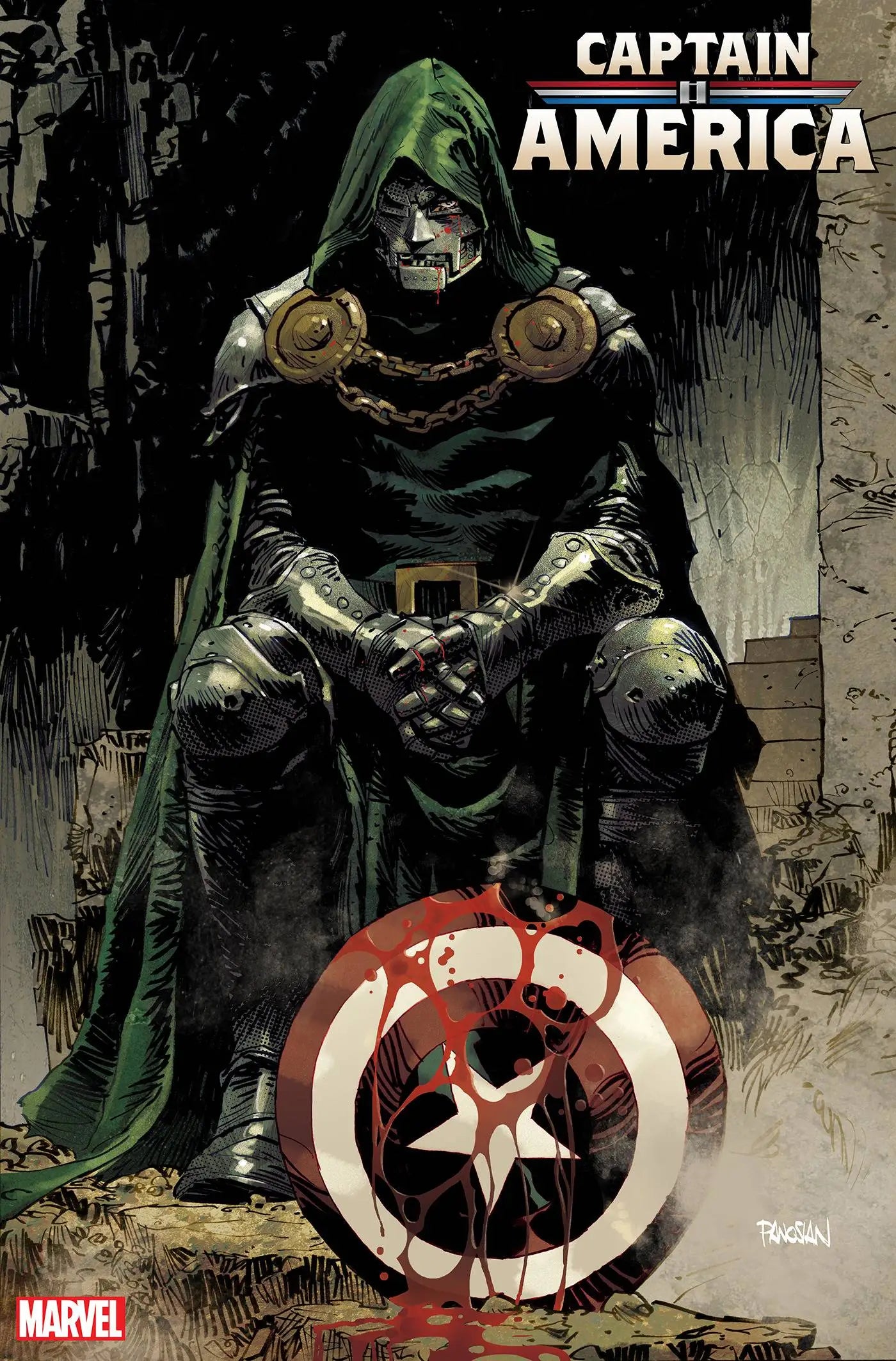 Dark-cloaked figure with a damaged Captain America shield at their feet in trading cards