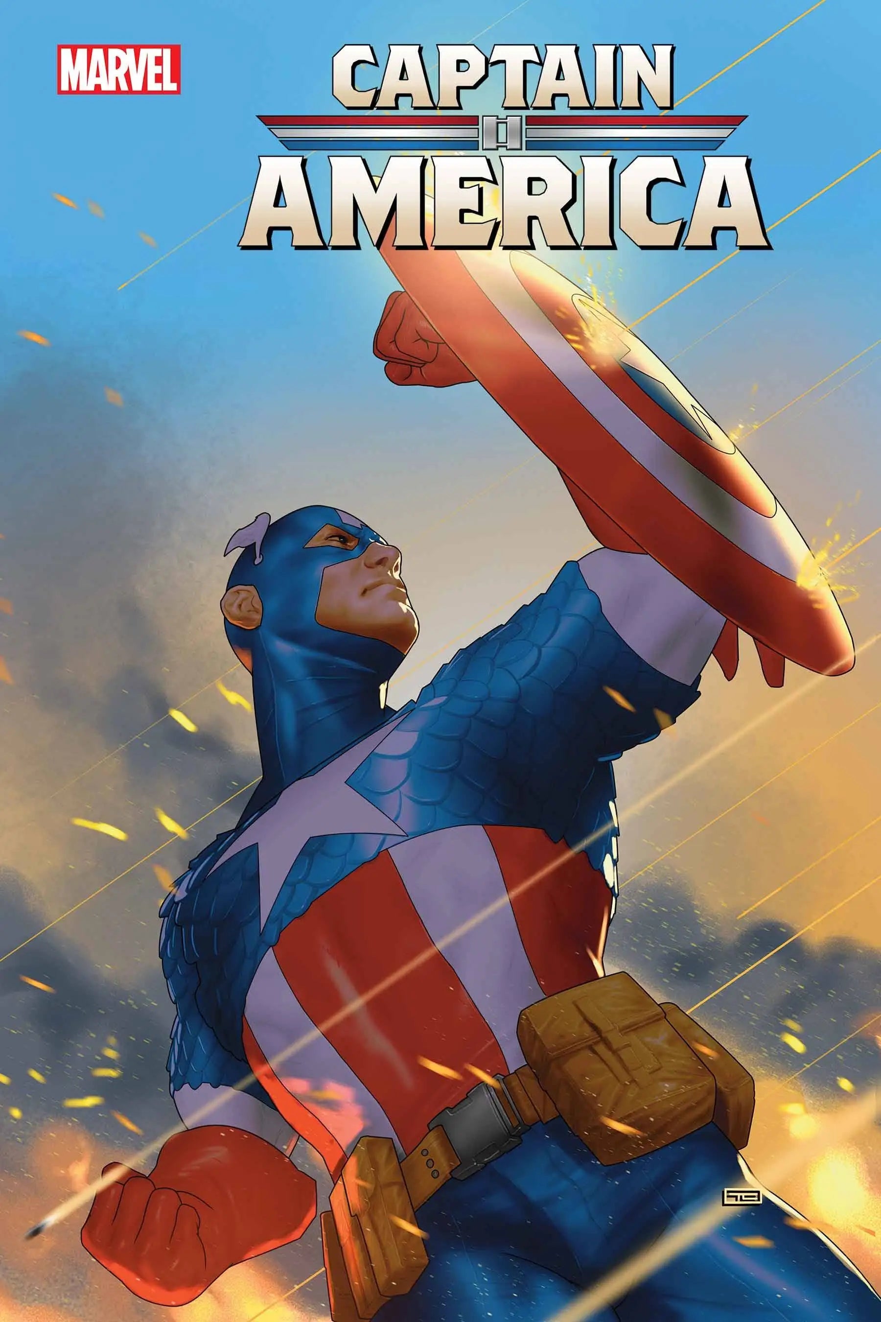 Comic book cover of Captain America #16 with superhero in blue costume and shield