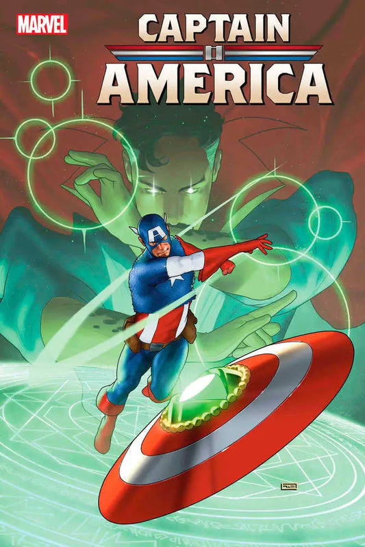 Captain America comic book cover with the hero leaping and his iconic shield in Captain America 6