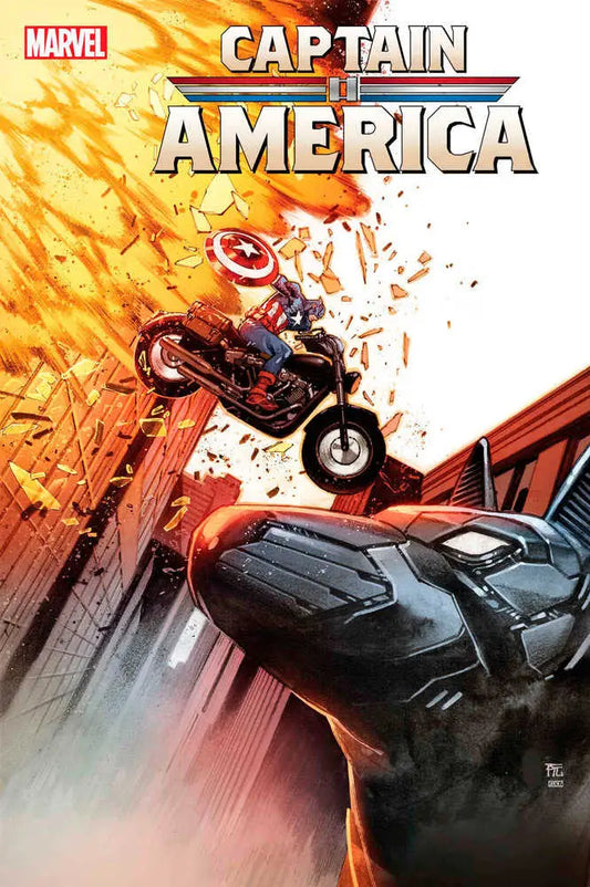 Dynamic Captain America comic cover with motorcycle and shield in explosive scene