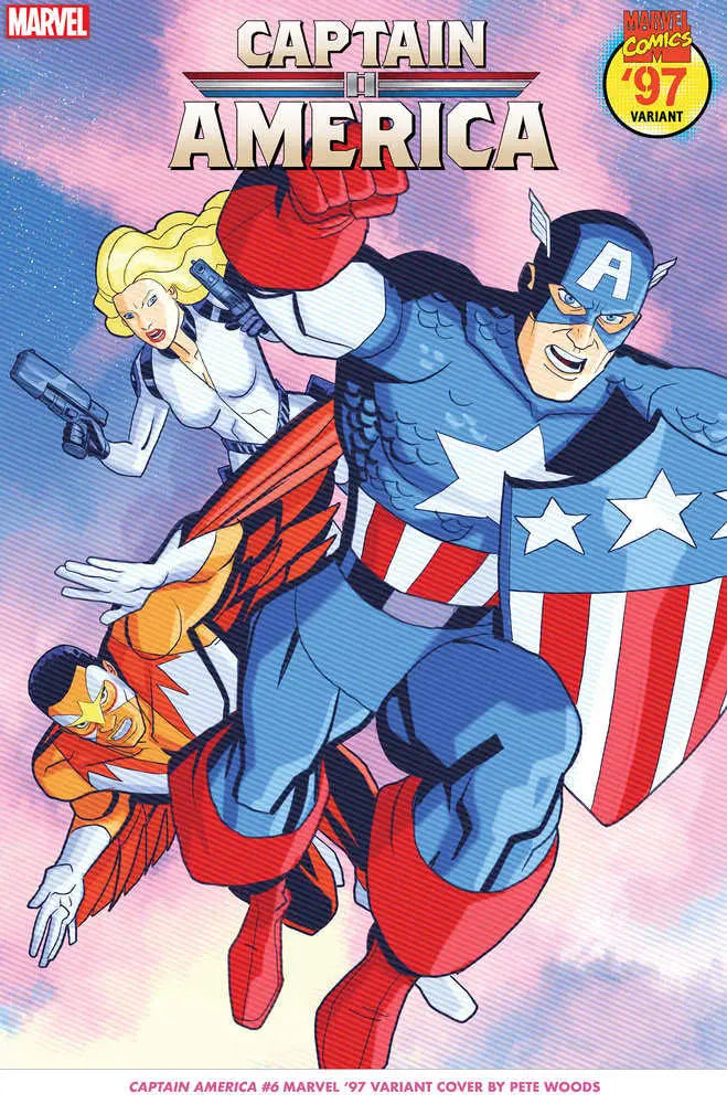 Comic book cover featuring Captain America and superheroes in action, Marvel 97 Variant