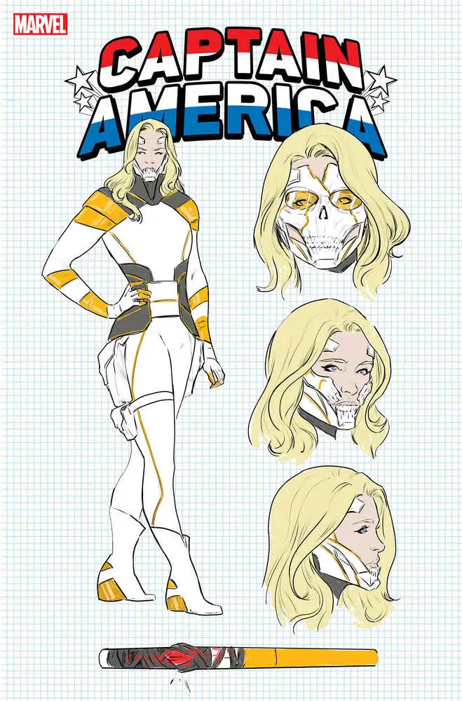 Character design sheet of Captain America in white costume with facial expressions