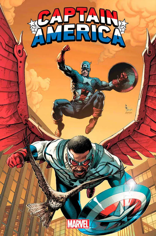 Comic book cover of Captain America #750 featuring shield-wielding heroes at sunset