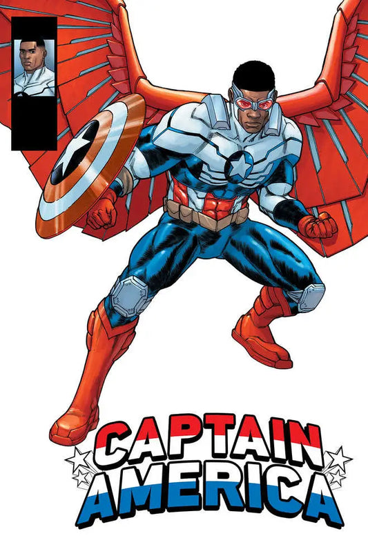 Superhero in blue and red costume holding Captain America shield with red wings