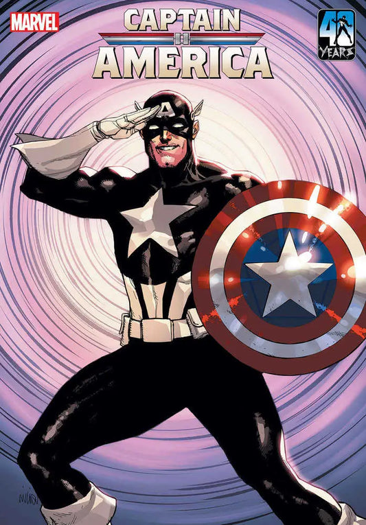 Superhero in dark uniform saluting with star-spangled shield from Captain America #9 trading card