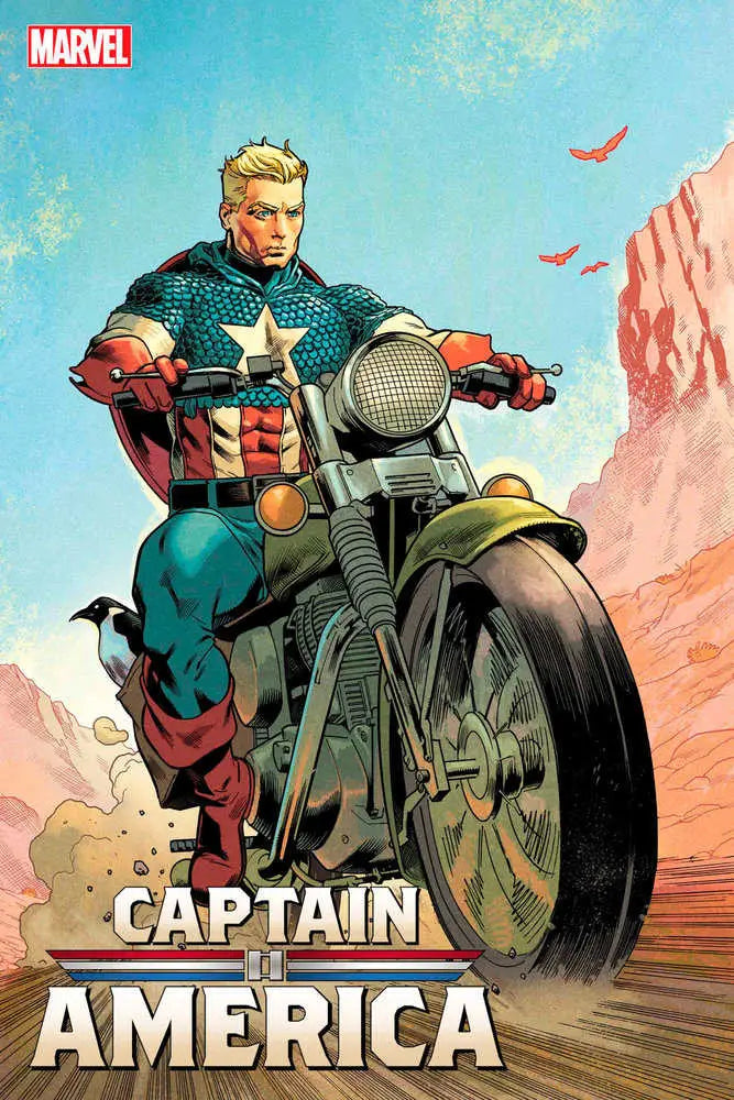 Superhero on motorcycle in patriotic costume for Captain America trading card variant