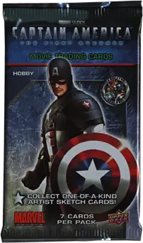 Factory sealed trading card pack featuring Captain America with shield and star-spangled costume