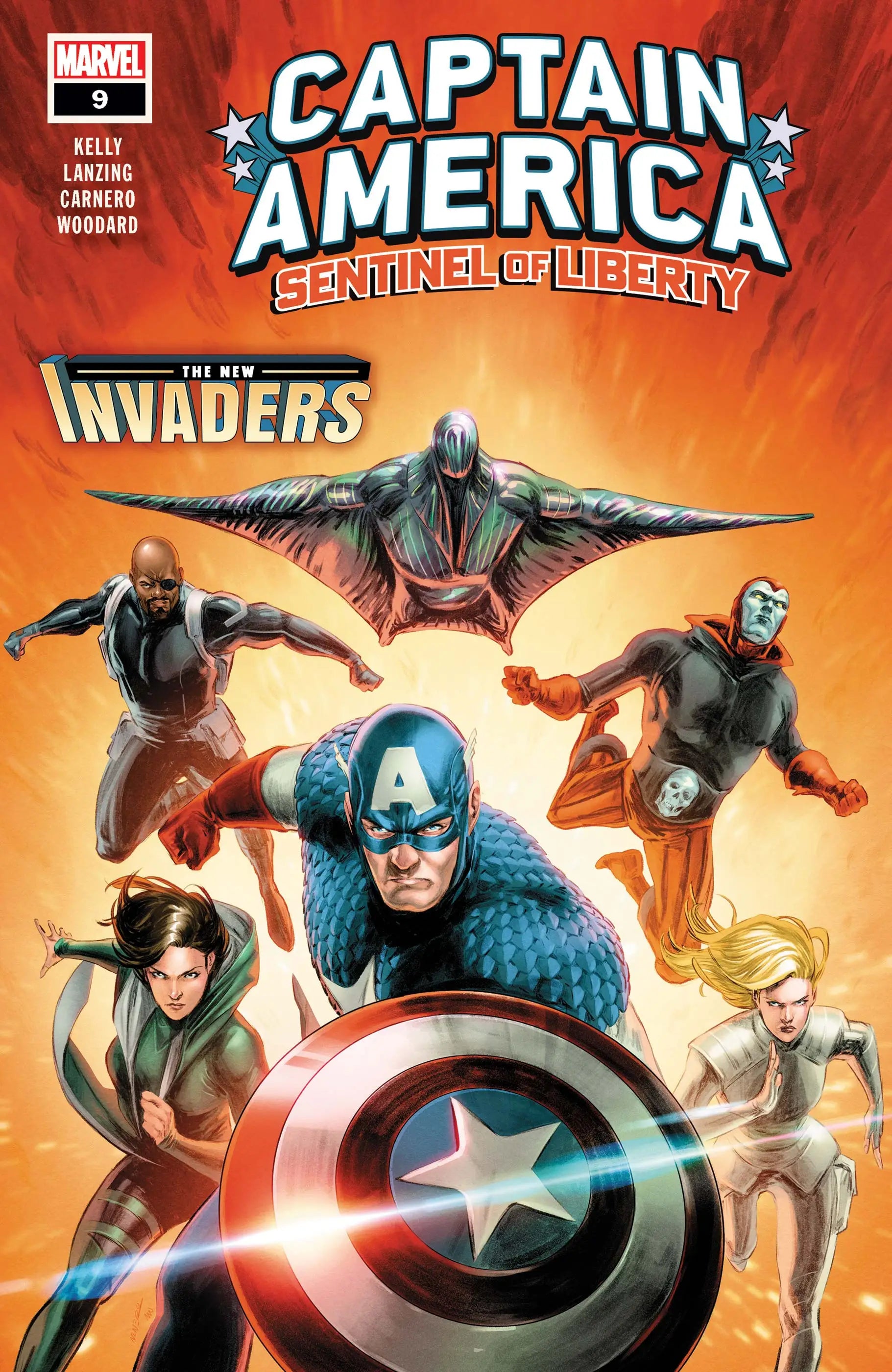 Comic book cover of Captain America and superheroes in action for trading cards collection