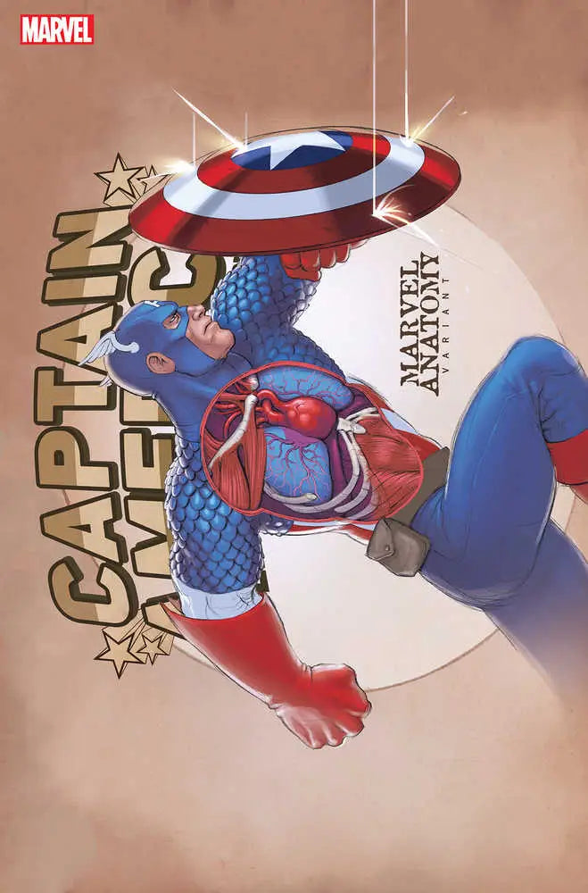 Superhero in blue costume with shield in acrobatic pose, Captain America trading card