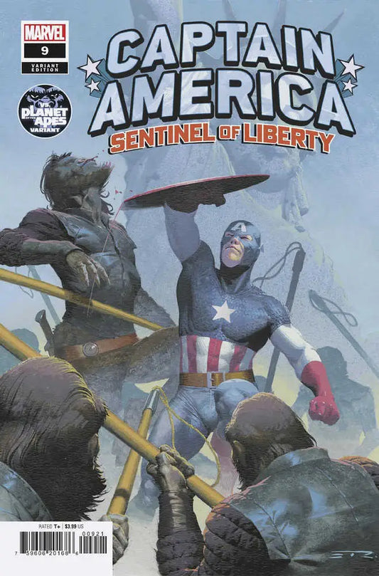 Captain America in action on the cover of Sentinel of Liberty #9 with shadowy figures