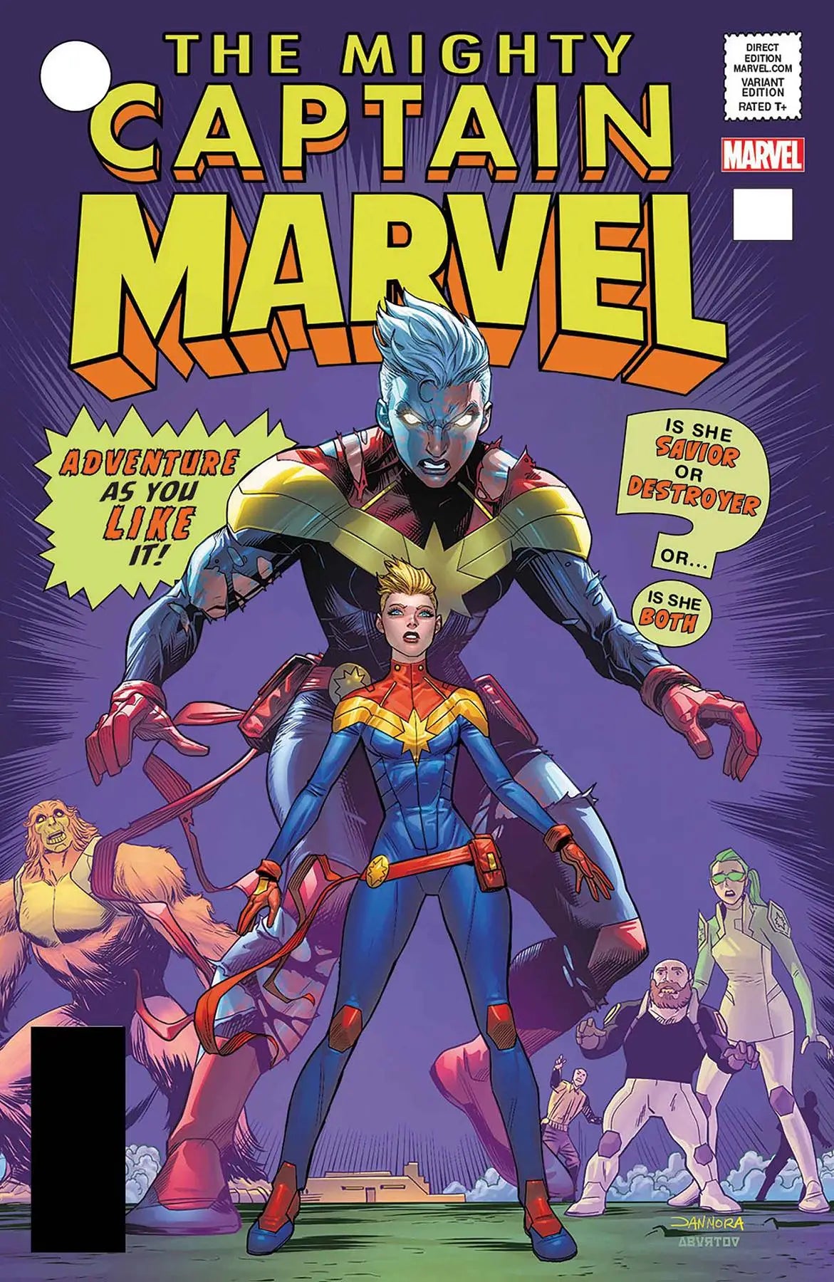 Captain Marvel in heroic pose on Comic Book cover for 10th Series with Dark Origin theme