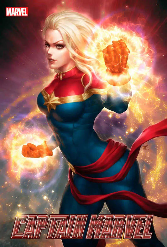 Superhero in red and blue costume with energy fists from Captain Marvel trading cards