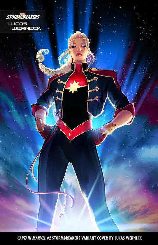 Captain Marvel superhero in navy and red uniform with glowing energy for trading cards