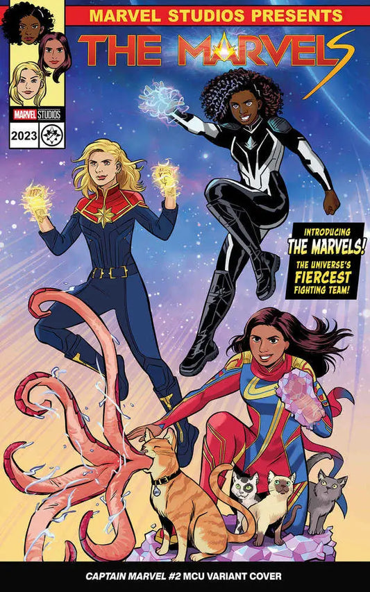 Comic book cover of Captain Marvel and Marvel superheroines against a cosmic backdrop