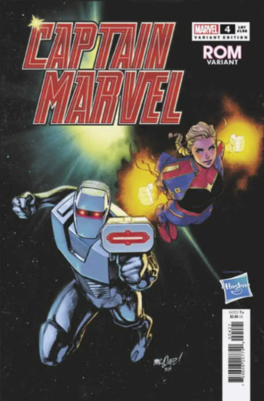 Comic book cover of Captain Marvel and ROM the Space Knight in action against explosions