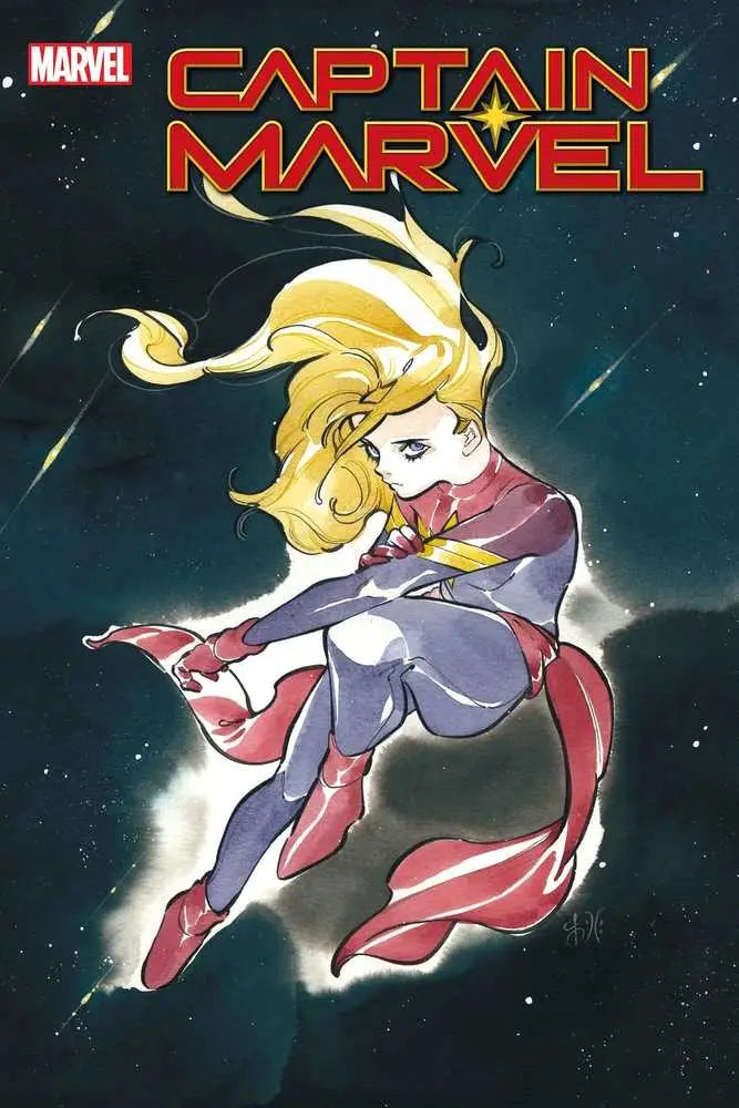 Comic book artwork of Captain Marvel in red and blue costume flying through space