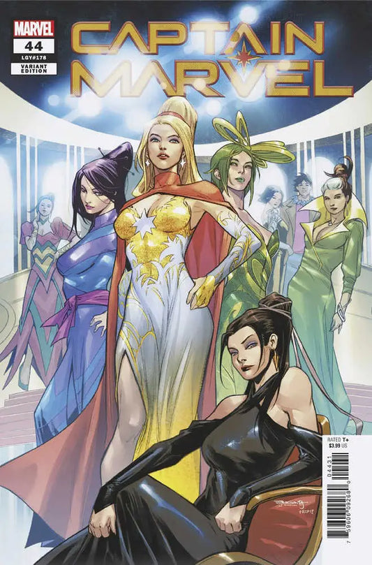 Captain Marvel #44 Segovia Variant comic book cover with female superheroes in action