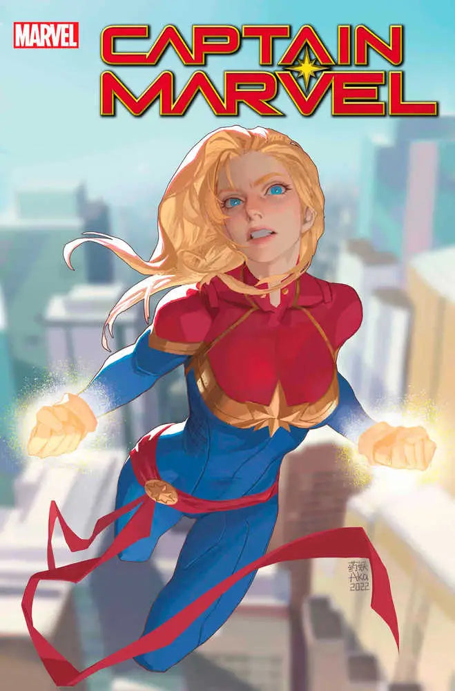 Superhero in red and blue costume flying, featured in Captain Marvel trading cards