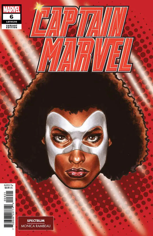 Comic book cover of Captain Marvel #6 with superhero in a mask on red background