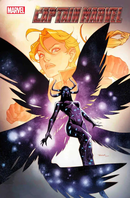 Comic book cover of Captain Marvel #8 featuring a winged figure against a cosmic backdrop