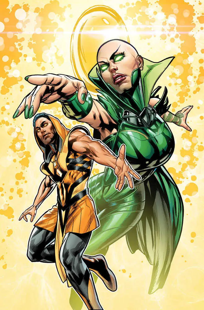 Comic book artwork of Captain Marvel and hero in green yellow costumes dynamic action