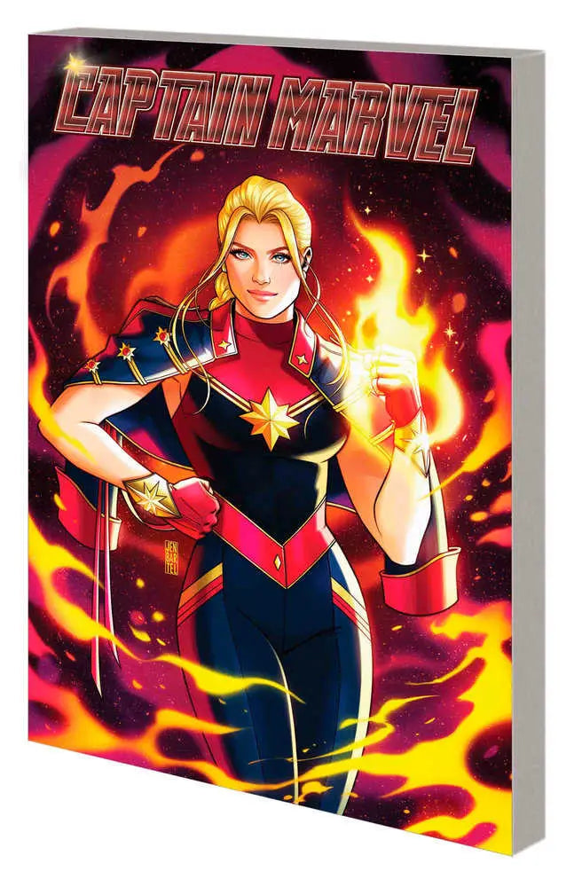 Captain Marvel comic book cover with superhero in red, blue, and gold amid fiery energy