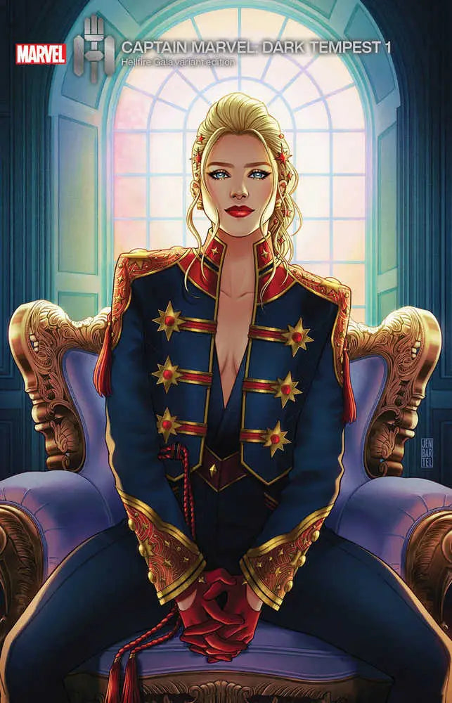 Captain Marvel in navy military uniform with gold stars, featured in Dark Tempest trading card