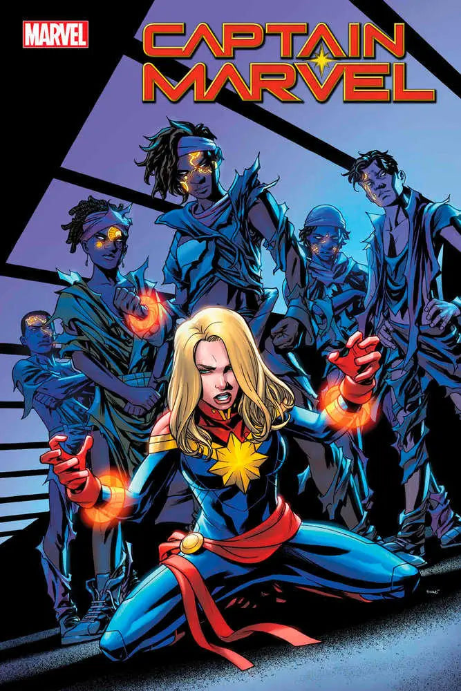 Comic book cover of Captain Marvel in battle stance with Feral Five shadowy figures