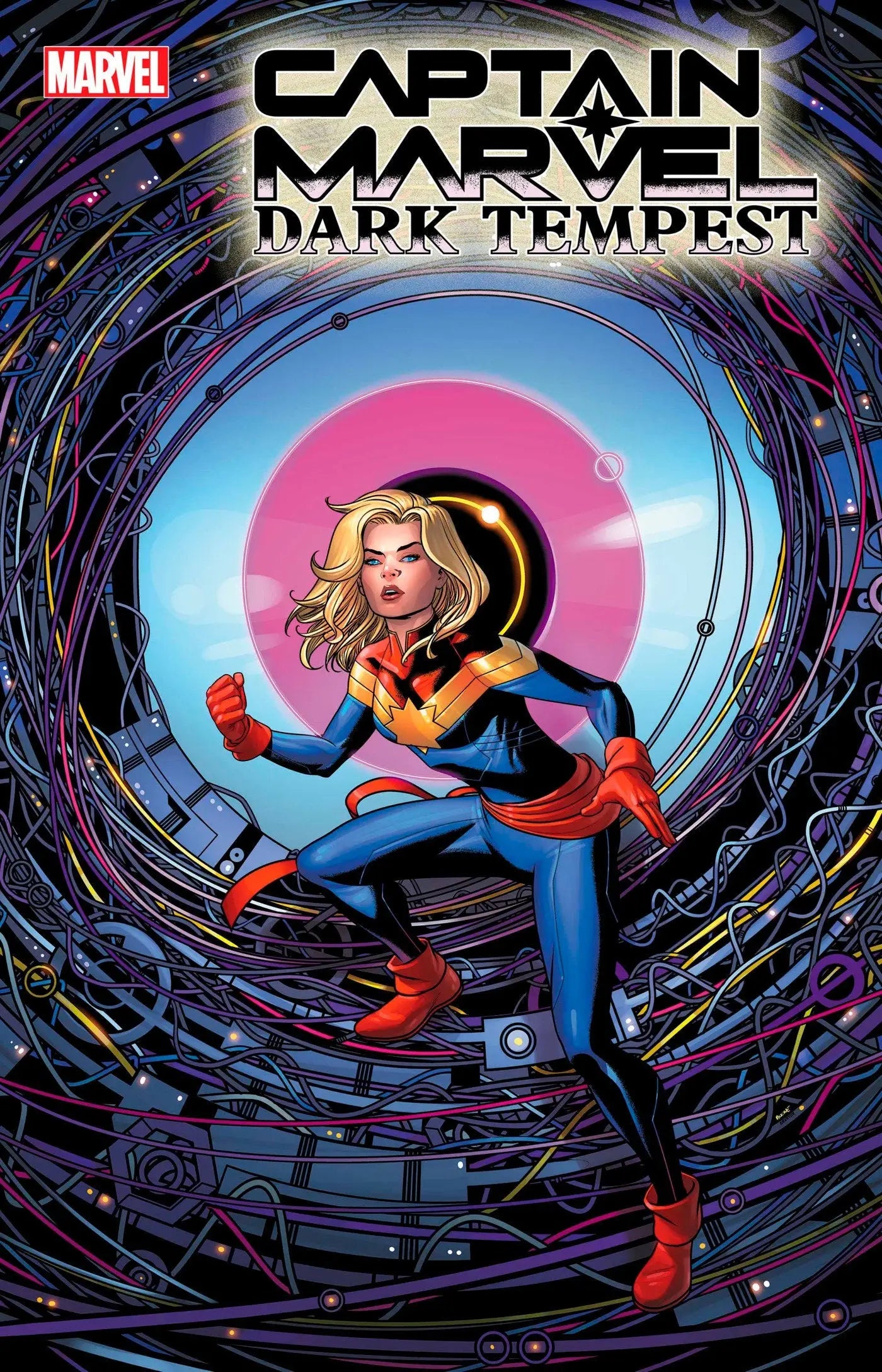 Captain Marvel: Dark Tempest comic cover with superhero in red and blue costume