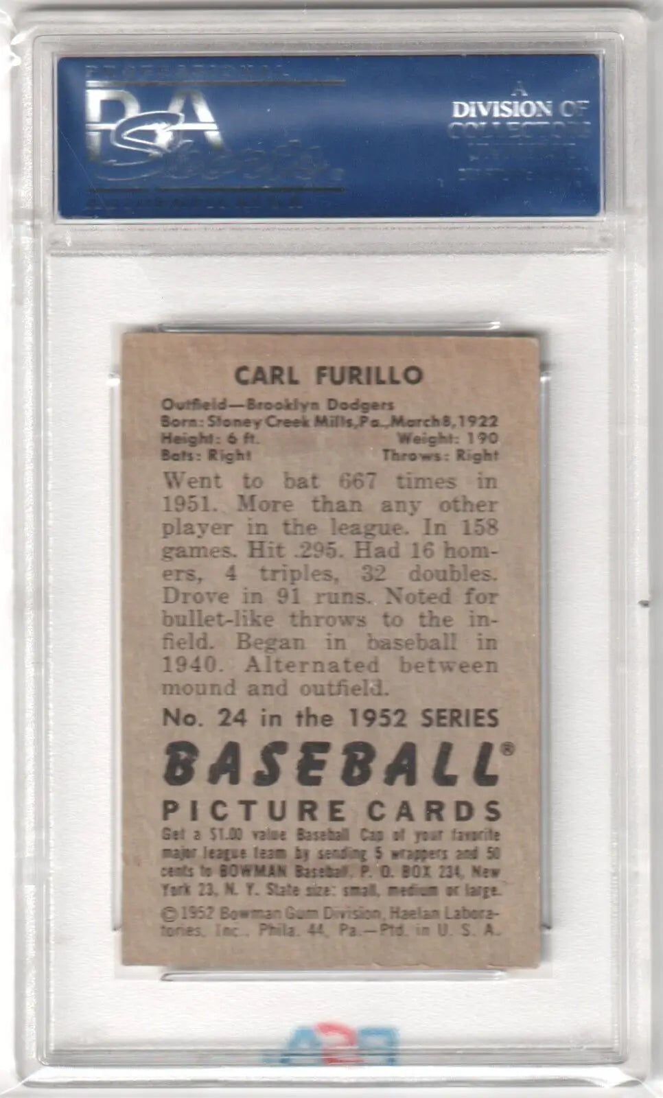 PSA-graded vintage card back of 1952 Carl Furillo from Columbia Hobby with box free shipping