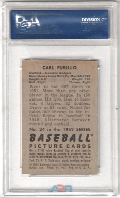 PSA-graded vintage card back of 1952 Carl Furillo from Columbia Hobby with box free shipping