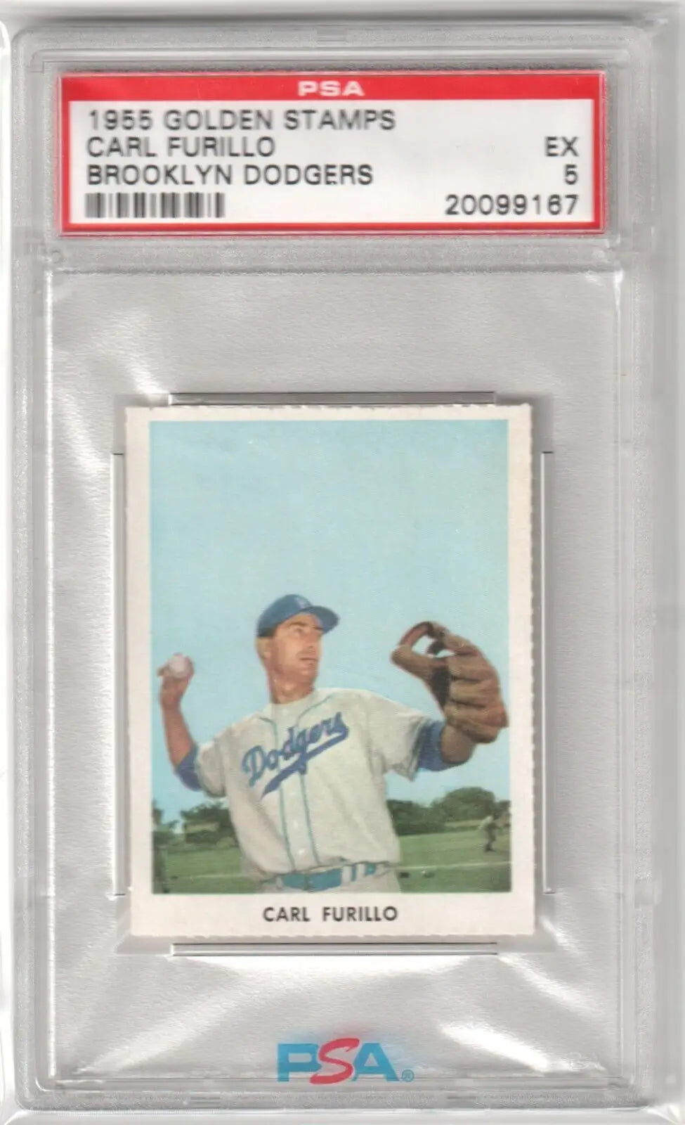 PSA-graded 1955 Golden Stamps Carl Furillo card in case, Columbia Hobby, box free shipping