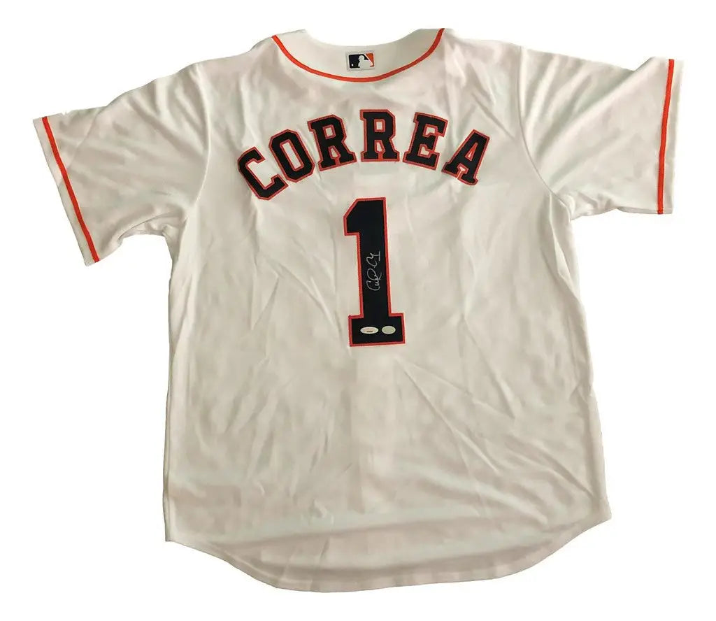 White Carlos Correa autographed Houston Astros jersey with number 1 on the back