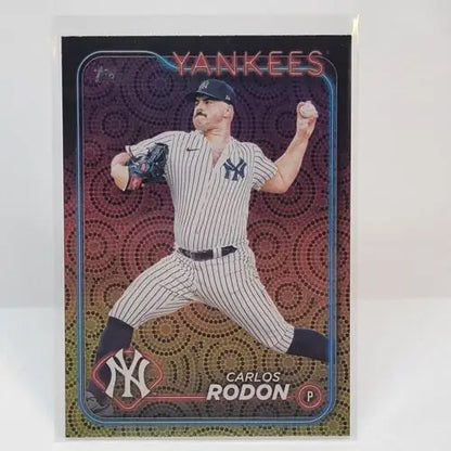 Carlos Rodon Holiday Foil Parallel baseball card showcasing Yankees pitcher in action