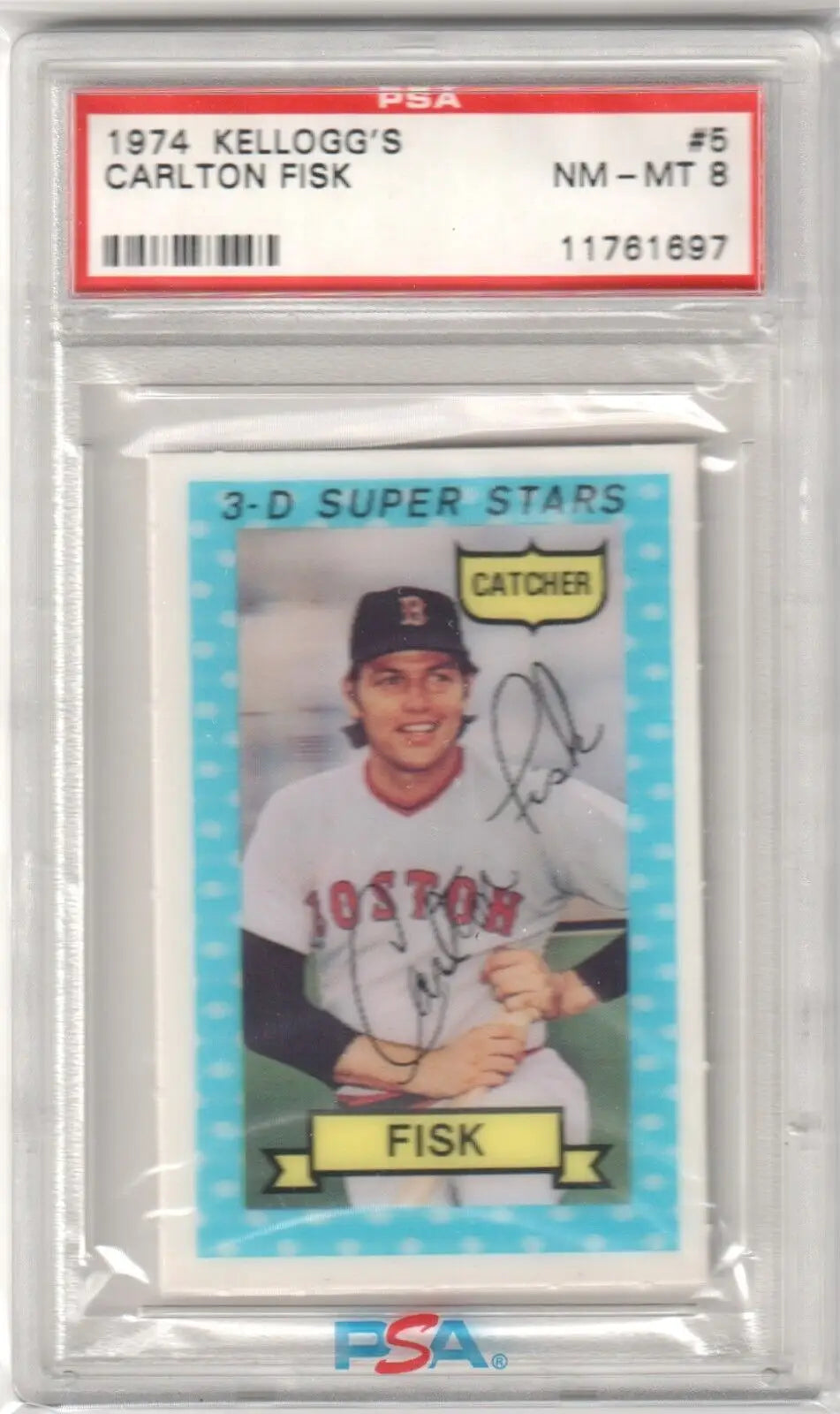 PSA-graded 1974 Kellogg’s Carlton Fisk baseball card in protective case from Columbia Hobby