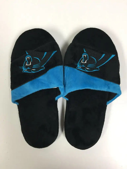 Black and blue Carolina Panthers slide slippers with snorkeling design for all shoe sizes