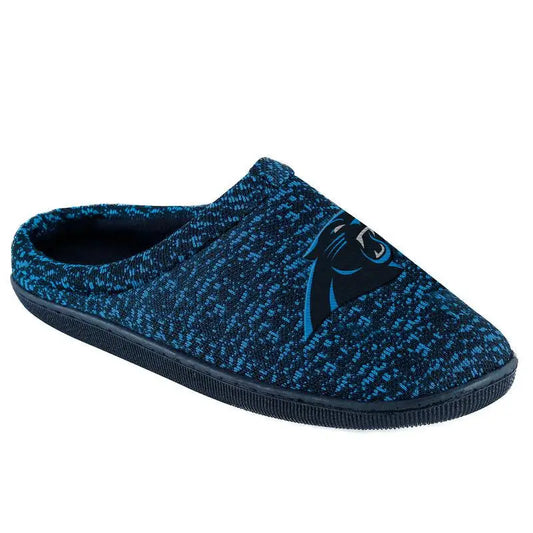 Blue Poly Knit Cup Sole Slippers featuring Carolina Panthers logo for forever collectibles