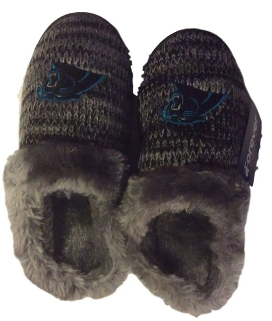 Carolina Panthers Womens Peak Slide Slippers with faux fur and embroidered fish designs