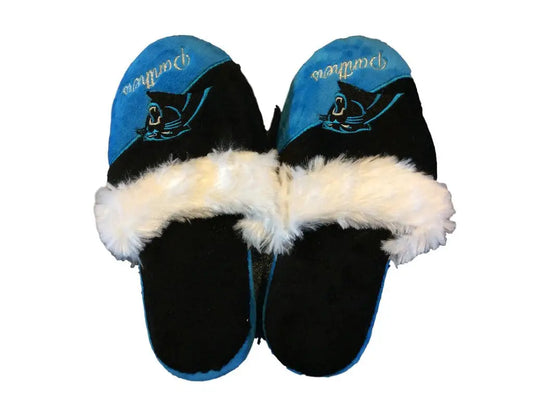 Carolina Panthers Women’s Cursive Colorblock Slippers with Cat Design and Team Logo