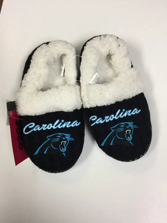 Carolina Panthers team logo slippers with fuzzy lining in various shoe sizes