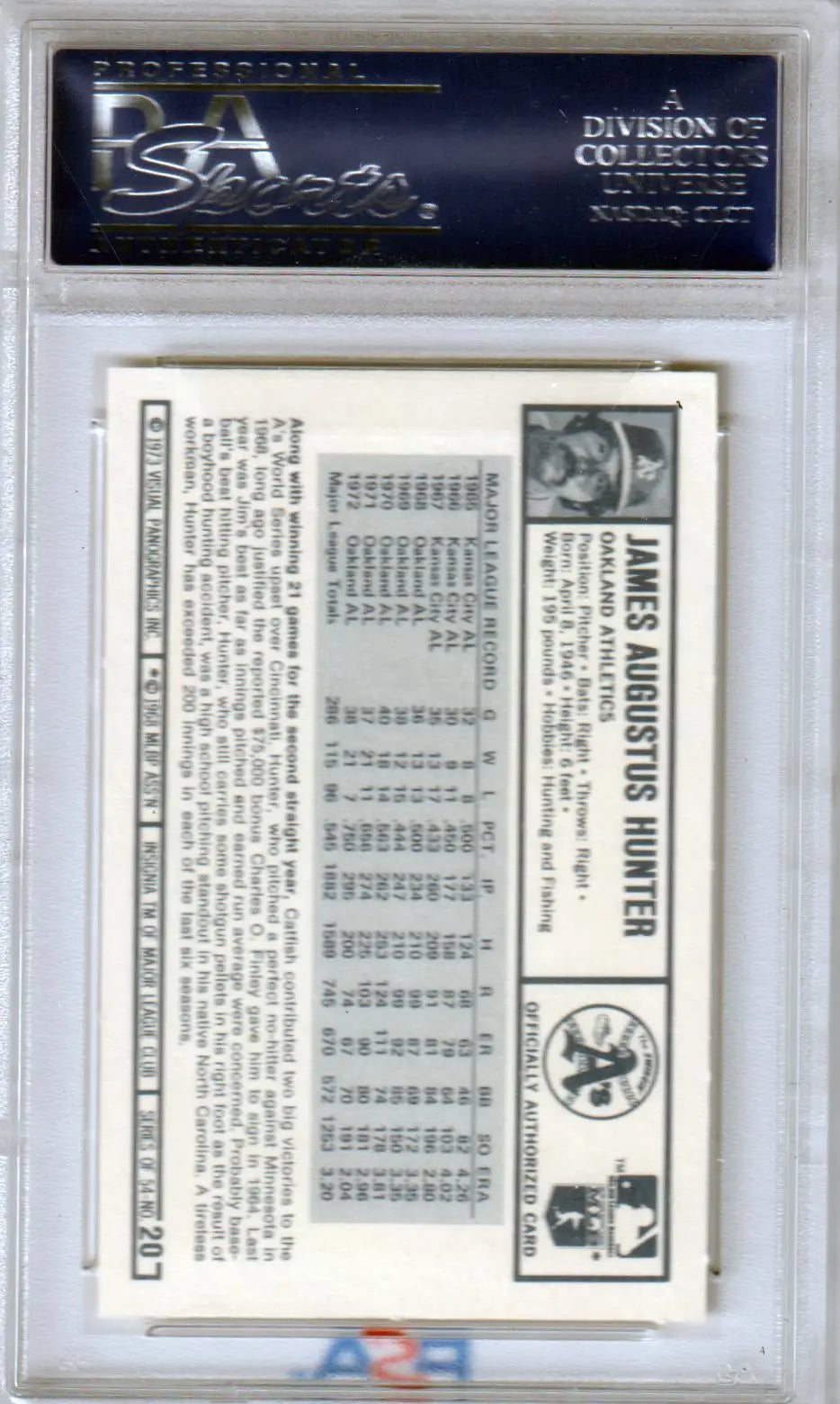 PSA-graded Catfish Hunter 1973 Kellogg’s Pro Super Stars baseball card in protective case