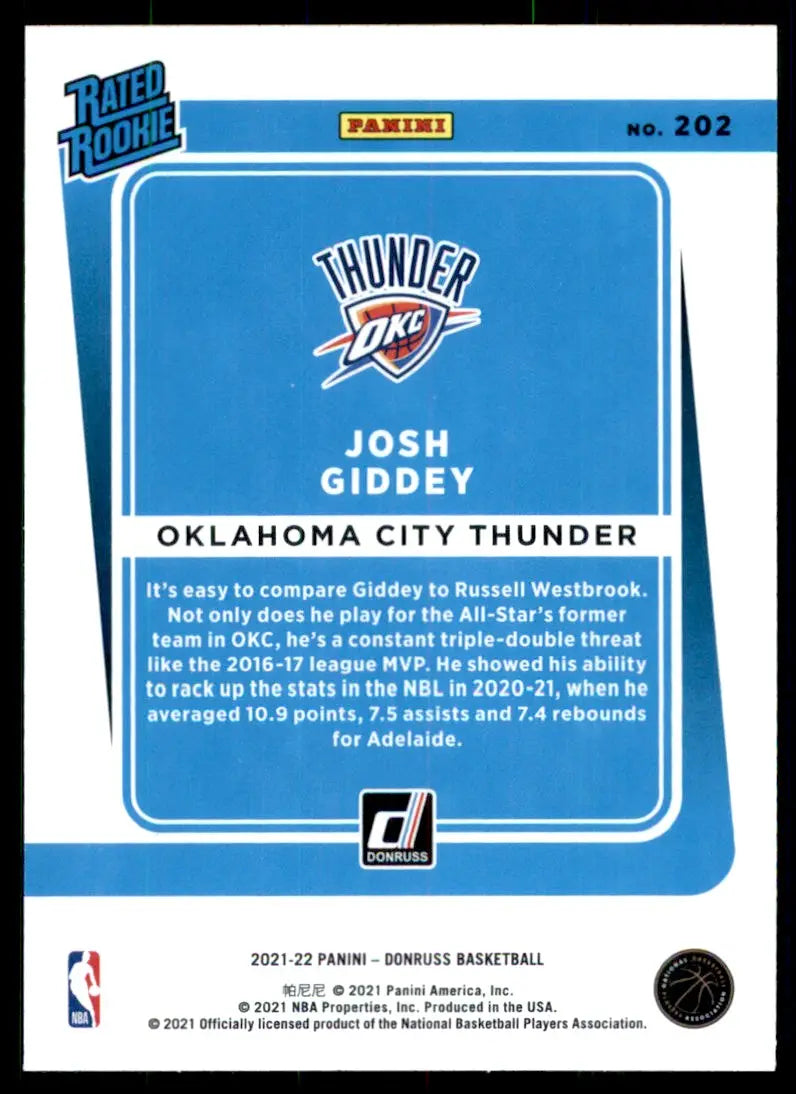 2021-22 Panini Donruss Josh Giddey Rookie Oklahoma City Thunder #202