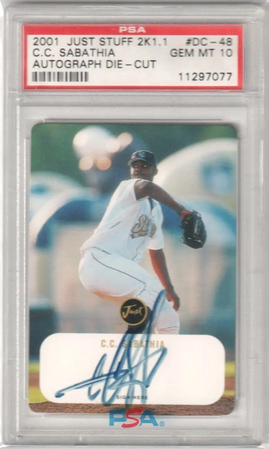 PSA-graded CC Sabathia 2001 autographed baseball card mid-delivery, Columbia Hobby